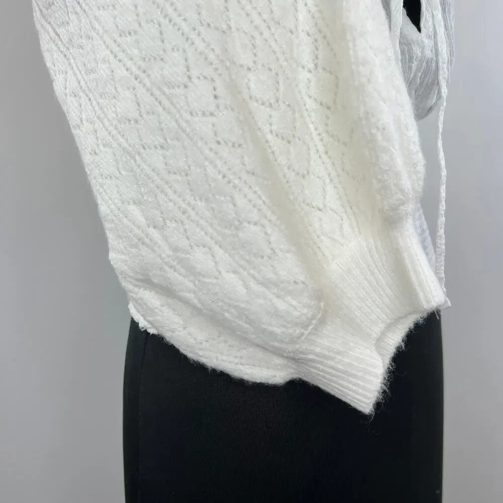 FREE PEOPLE Ivory Billie Cascade Ruffle 3/4 Puff Sleeve Smocked Sweater Top Sz S